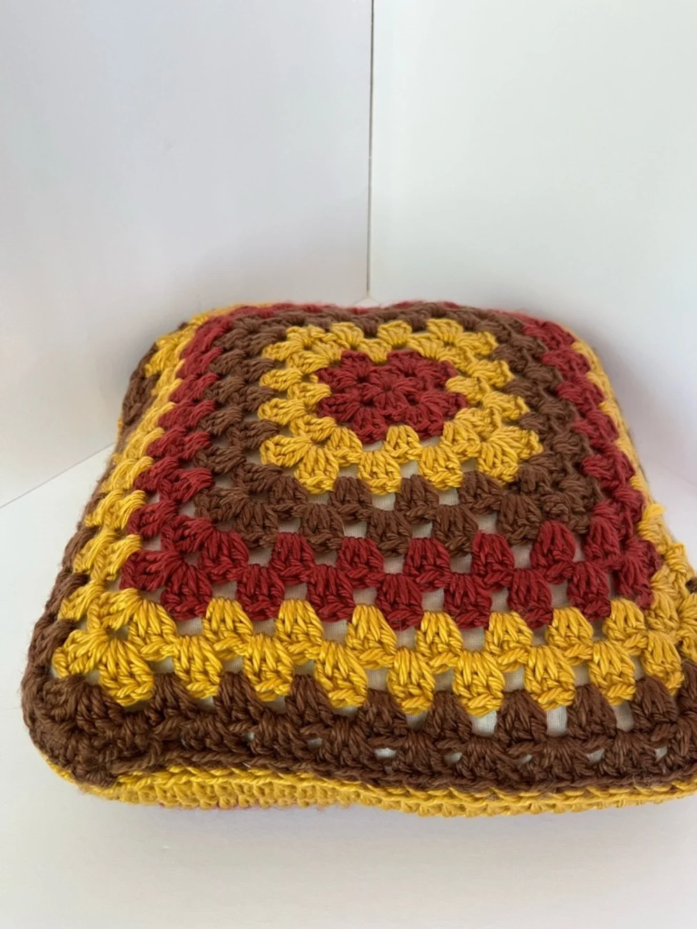 Handmade Crochet Knit Pillow Boho Granny Retro Multicolored 12x12 Reversible